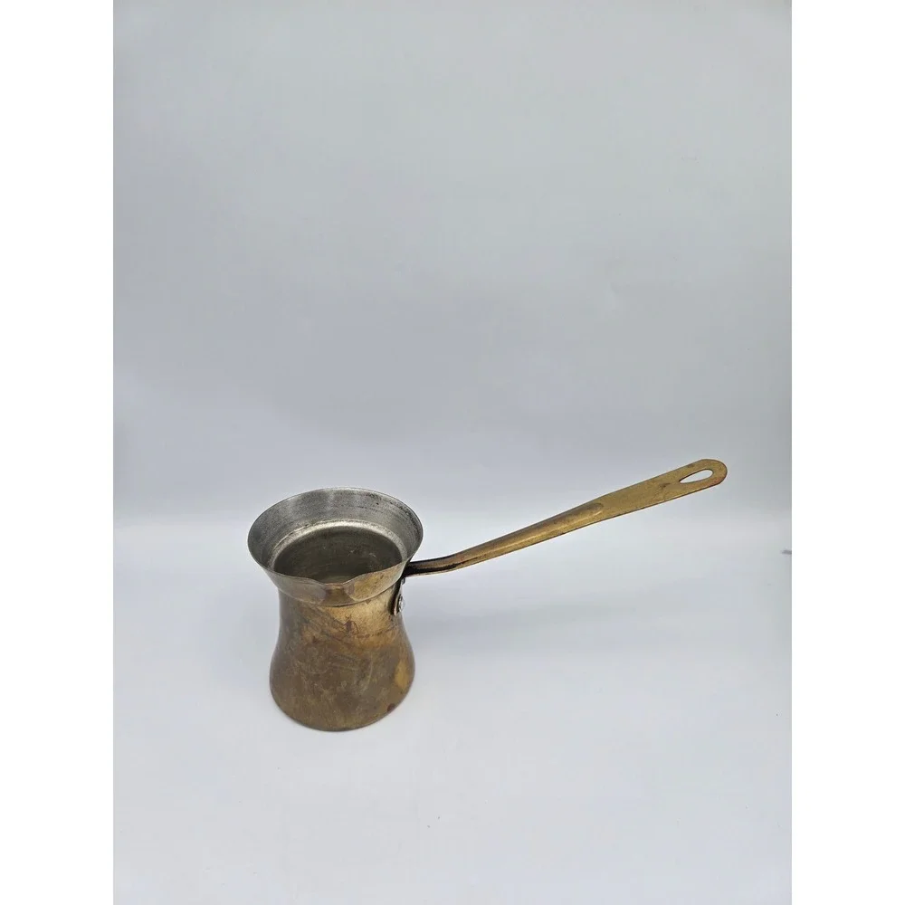 Vintage Brass Turkish Coffee Pot Ibrik Tin-Lined Brass Handle Deep Patina Rustic